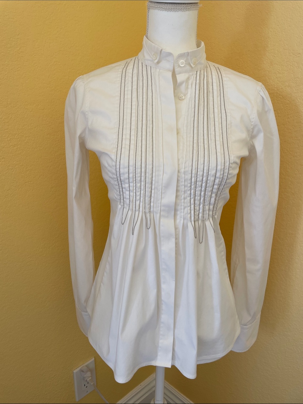 Brunello Cucinelli White Pintuck Button-Down Blouse -Monilli detail- SZ Small